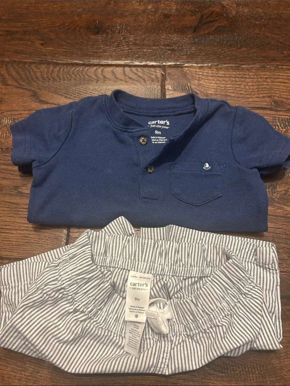 Carter's Navy Henley Tee with White & Navy Striped Seersucker Shorts - Picture 3 of 3